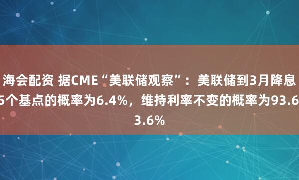 海会配资 据CME“美联储观察”：美联储到3月降息25个基点的概率为6.4%，维持利率不变的概率为93.6%